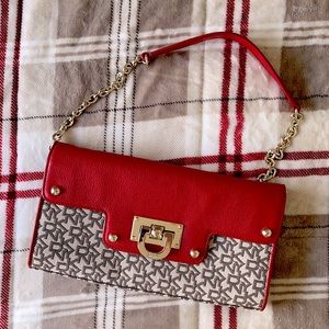 DKNY Red Monogram Clutch Shoulder Bag Purse